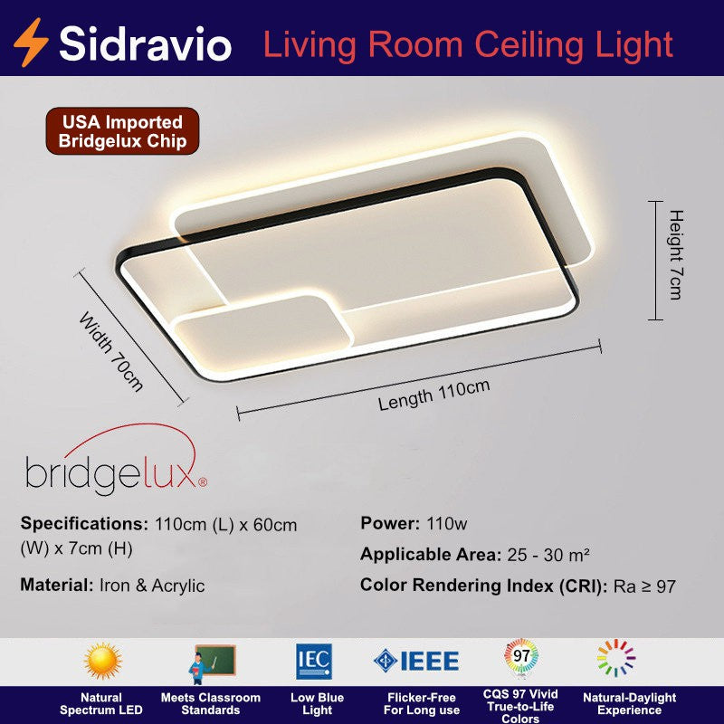 Modern rectangular LED ceiling light 110cm, 110W Bridgelux chip, iron & acrylic, CRI97, ideal for 25-30 sqm living room
