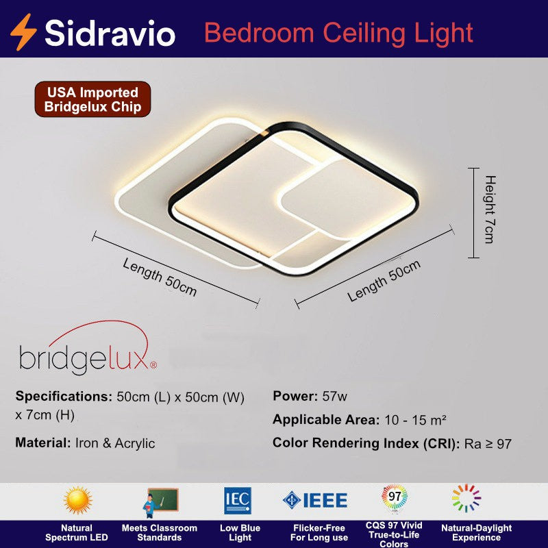 Square LED ceiling light 50x50cm, 57W Bridgelux chip, iron & acrylic, CRI97, flicker-free, ideal for 10-15 sqm rooms