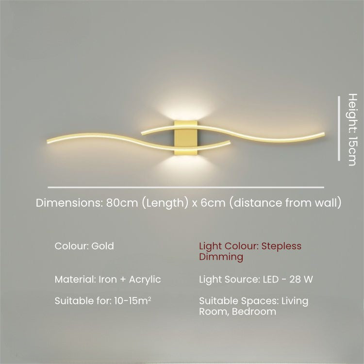 Gold 80cm minimalist LED wall lamp side view, iron and acrylic, perfect for bedroom or living room