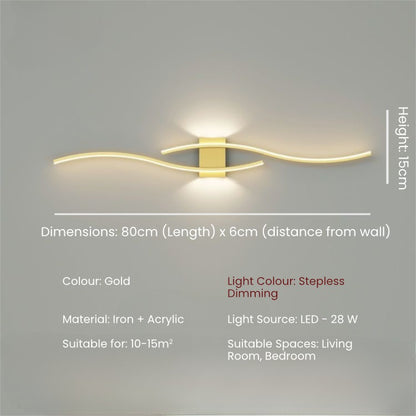 Gold 80cm minimalist LED wall lamp side view, iron and acrylic, perfect for bedroom or living room