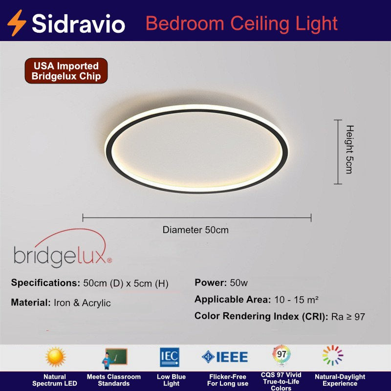 Round 50cm LED ceiling light 50W, high-CRI Bridgelux LED, slim 5cm profile, iron & acrylic finish for living room or hallway