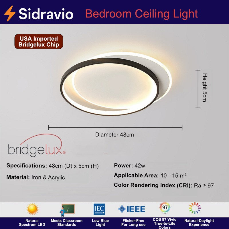 Round 48cm LED flush mount 42W, CRI97, slim 5cm profile, iron & acrylic, suitable for 10-15 sqm bedrooms or halls
