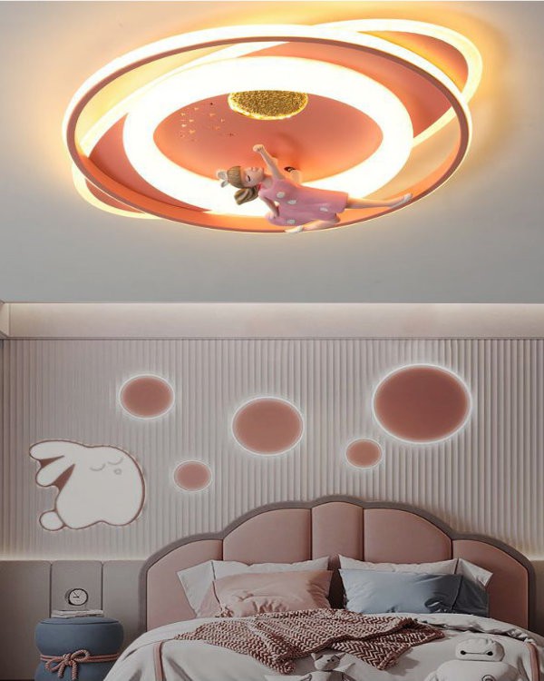 Installed kids ceiling lamp in bedroom featuring astronaut and princess motifs, creating a calming bedtime atmosphere